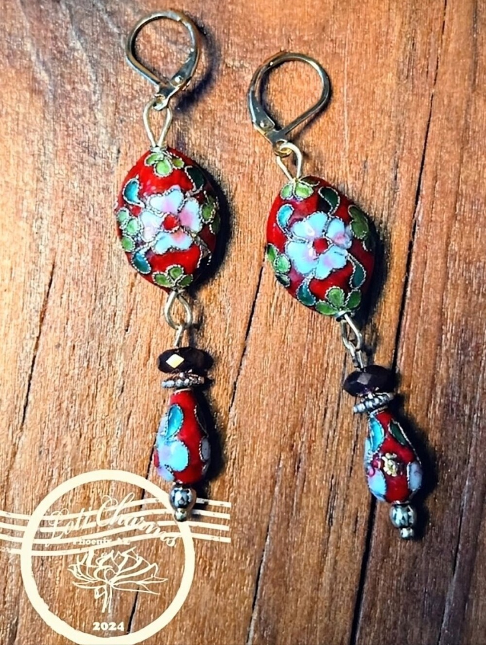 Red Golden Floral Cloisonne In Artisan Made Drop Earrings In Gold Plated